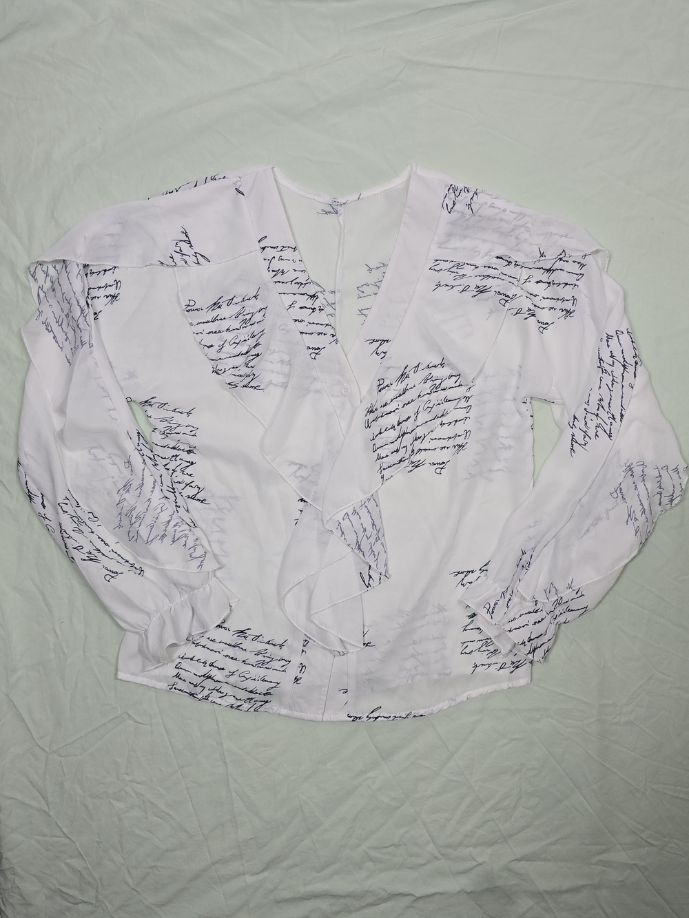 White Script Print Calligraphy Ruffle V-Neck Blouse Size Large